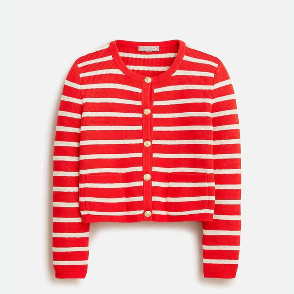 NWT J.Crew Emilie Sweater Lady Jacket in Red Ivory Stripe Knit Cardigan in XS